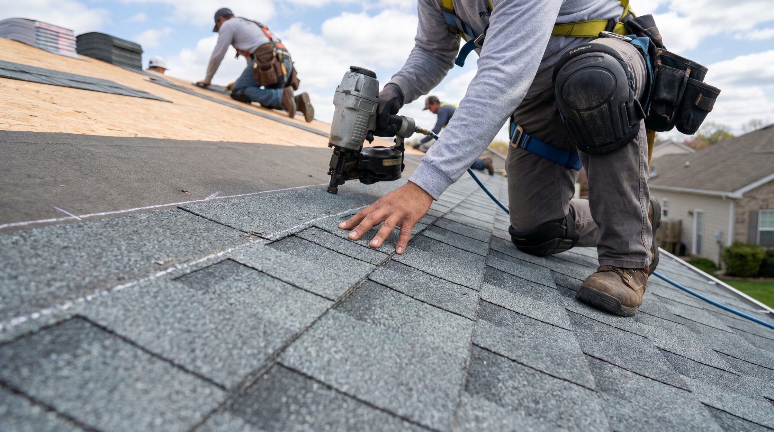Roofing contractor installing composite shingles showing precision installation process