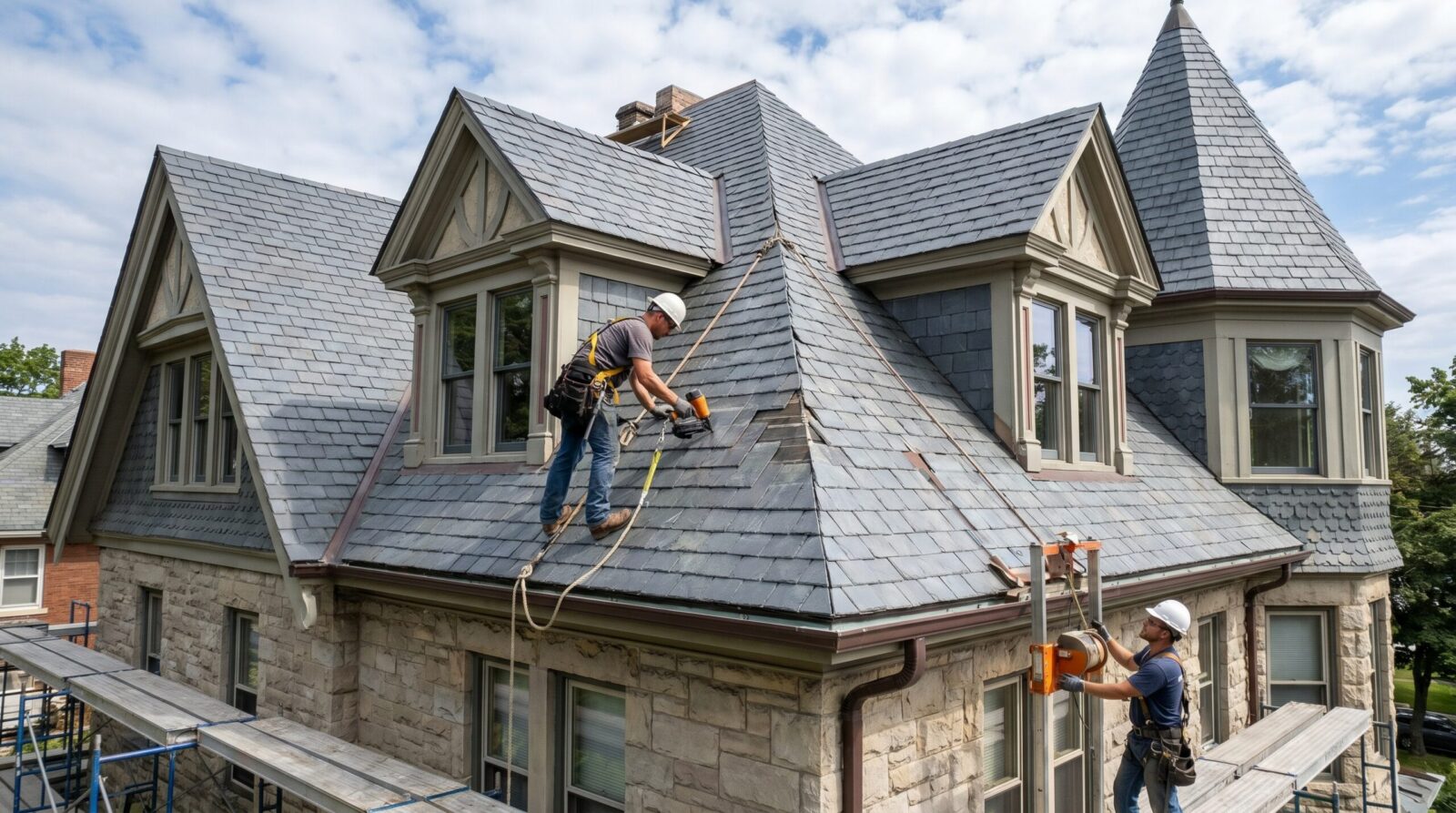 roofing contractor installing shingles on complex roof with safety equipment