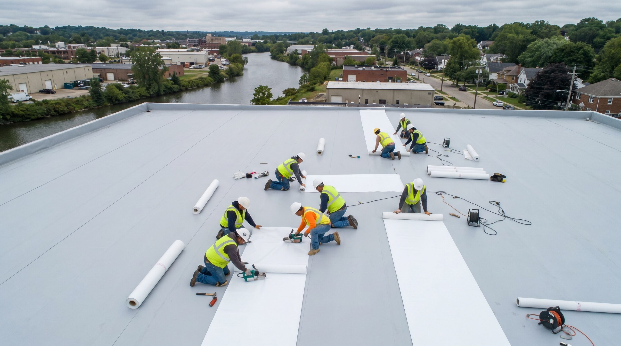 Commercial flat roof installation on Rocky River Ohio warehouse with workers applying TPO membrane