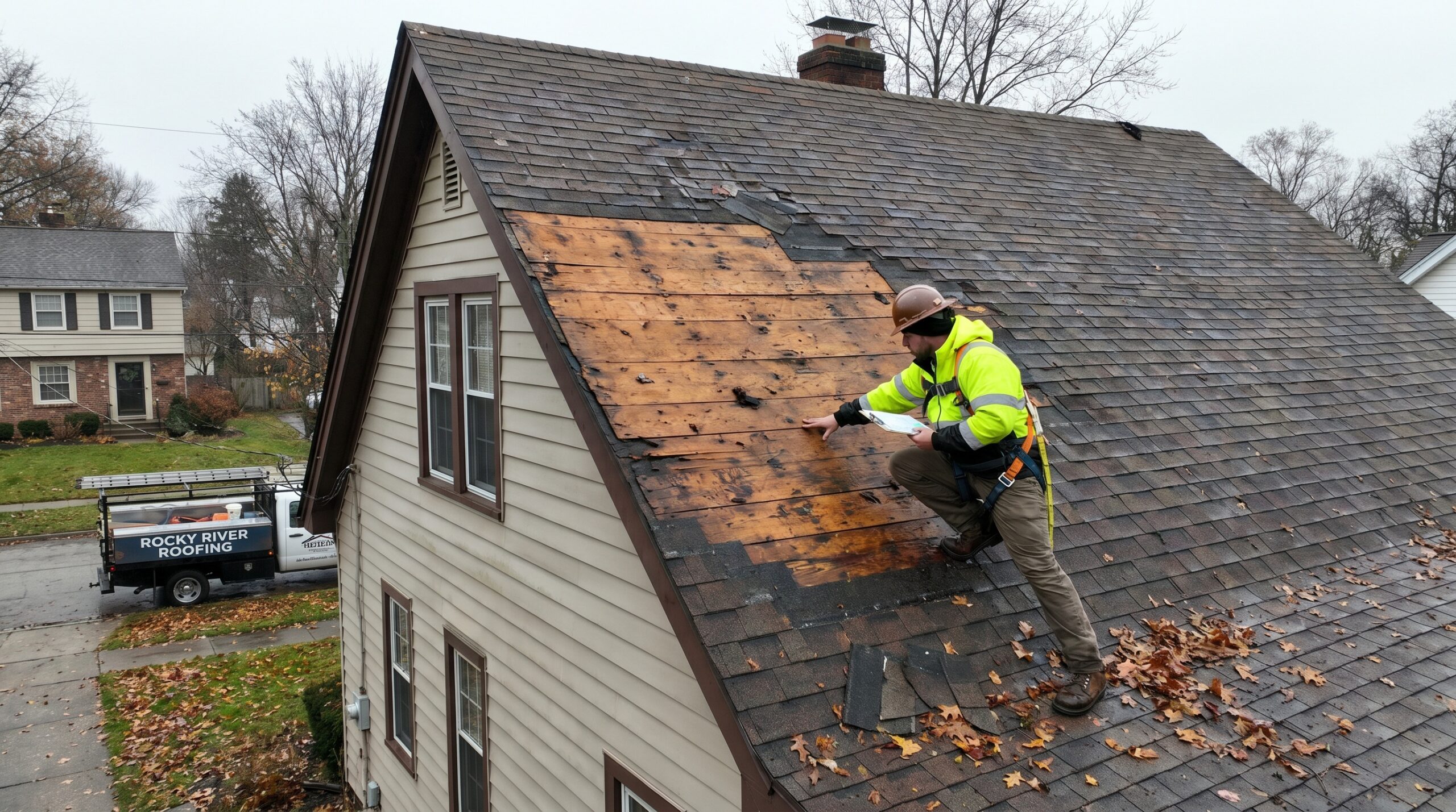 Storm damaged roof in Rocky River Ohio with missing shingles and exposed decking being inspected by roofing professional