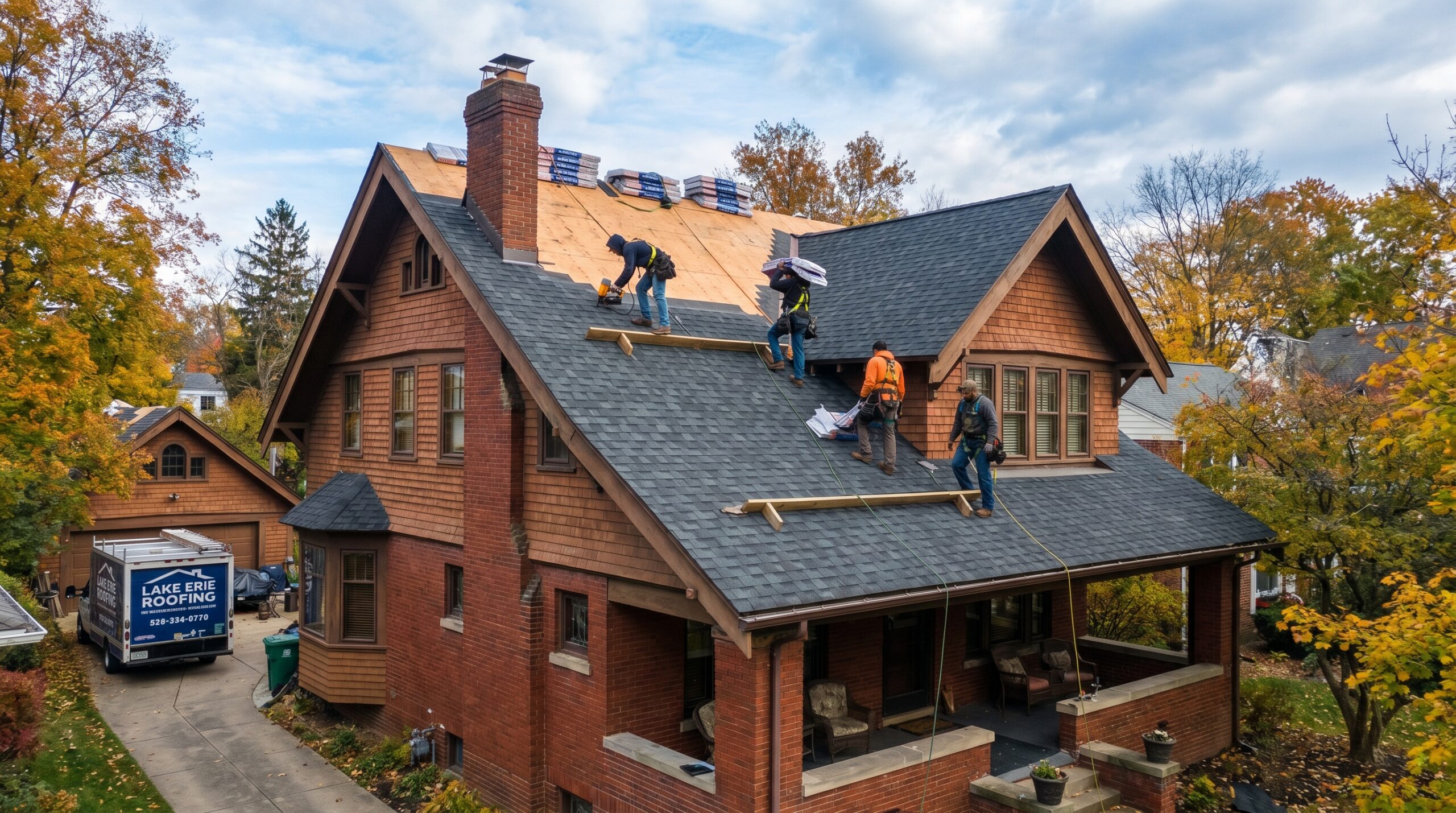 Roofing crew installing shingles on Northeast Ohio home