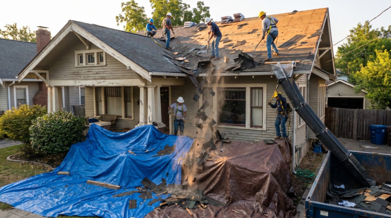 Roofing crew removing old shingles with debris falling onto protective tarps