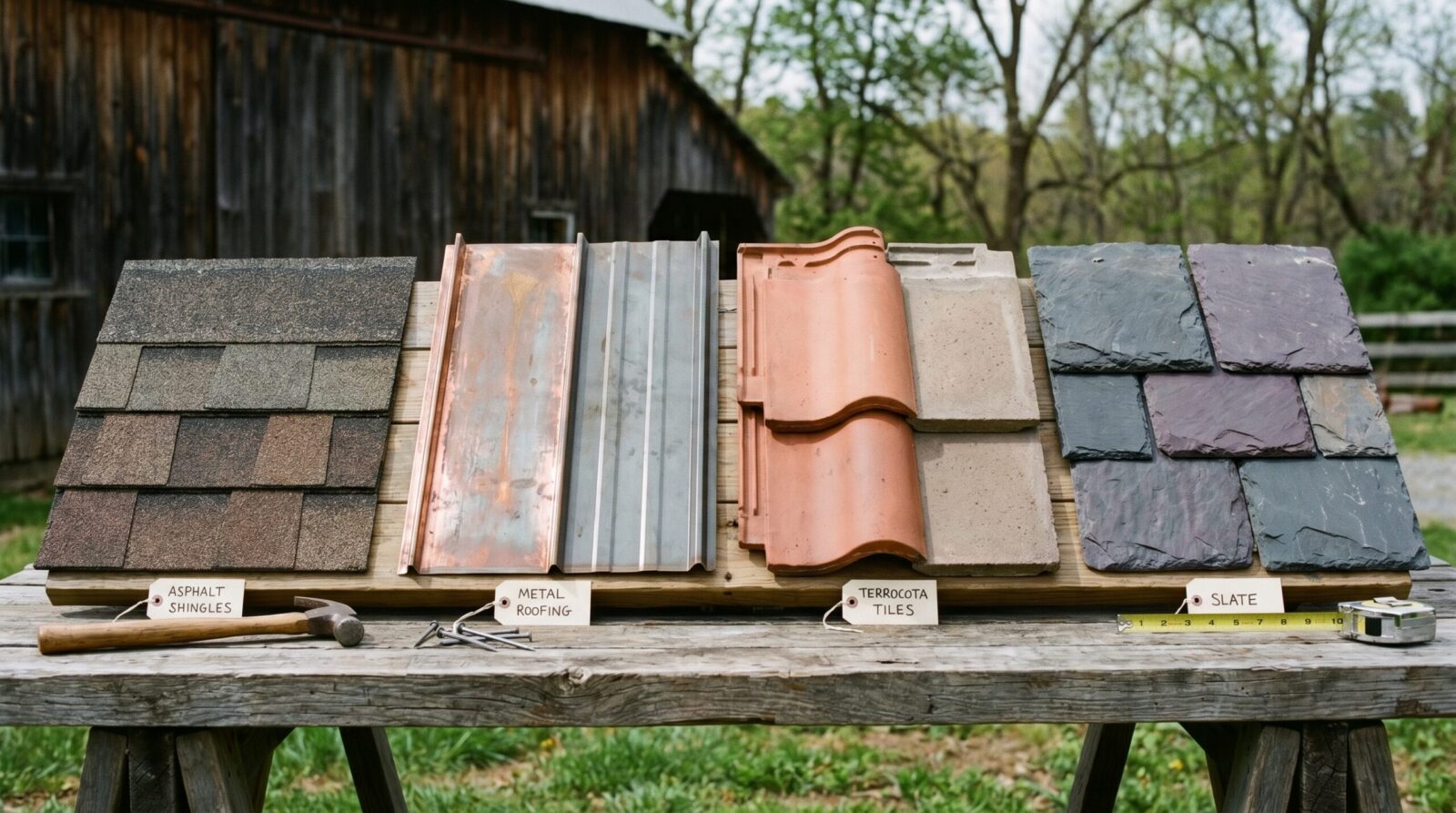different roofing materials comparison showing asphalt metal tile slate samples