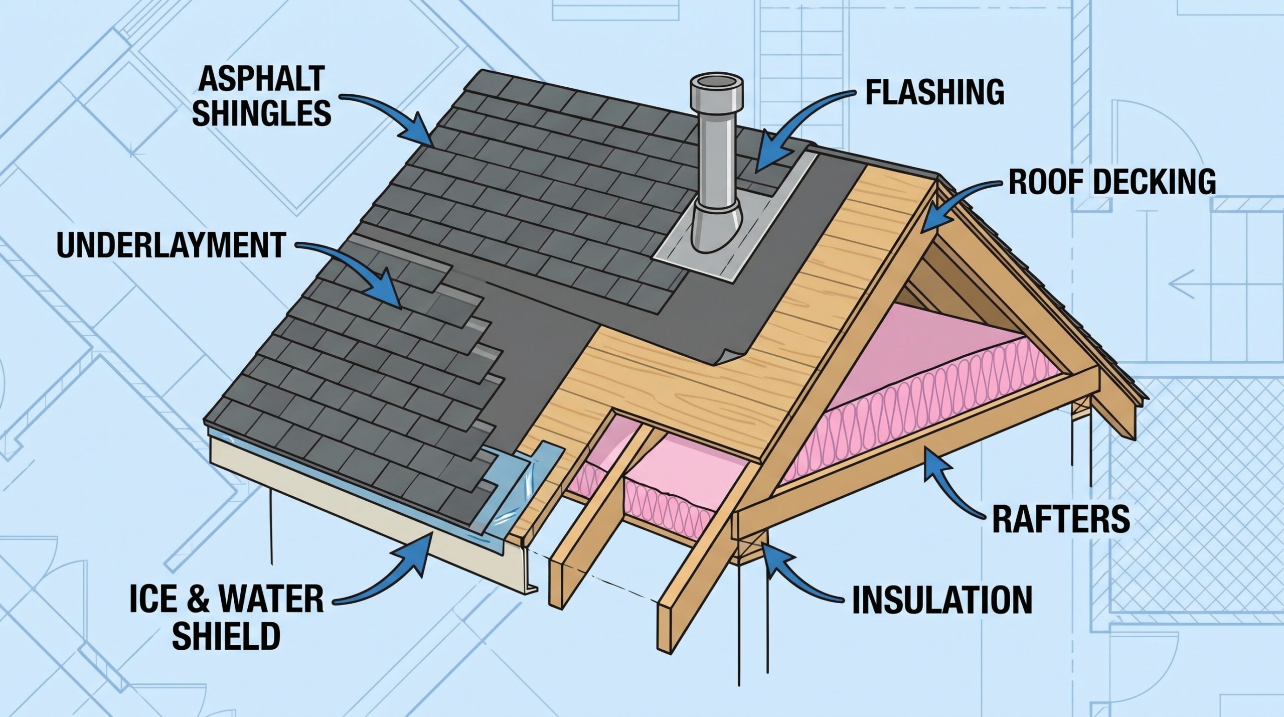 Cross section diagram showing roof layers including underlayment, ice and water shield, and flashing
