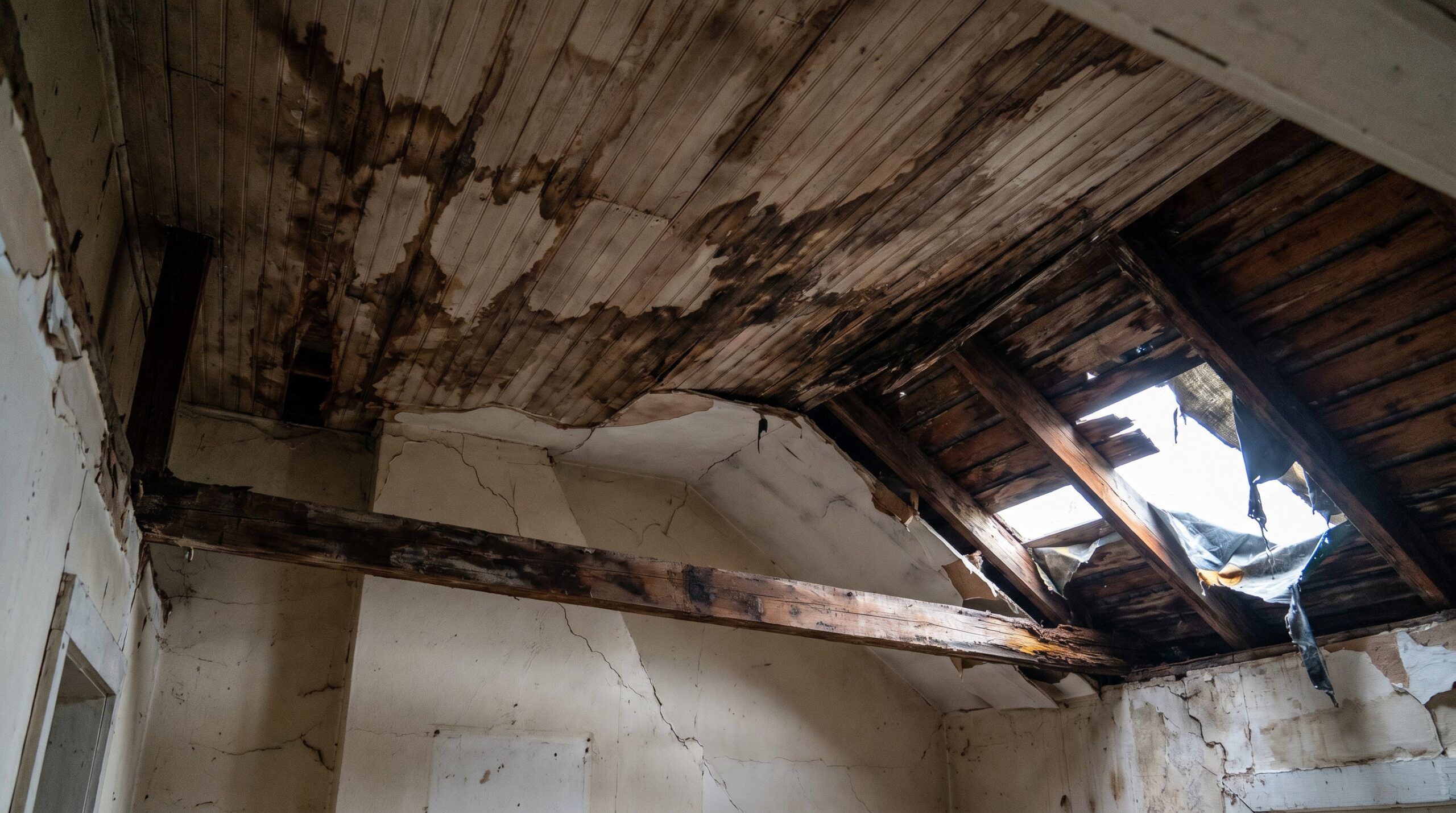Damaged roof showing water stains and structural problems