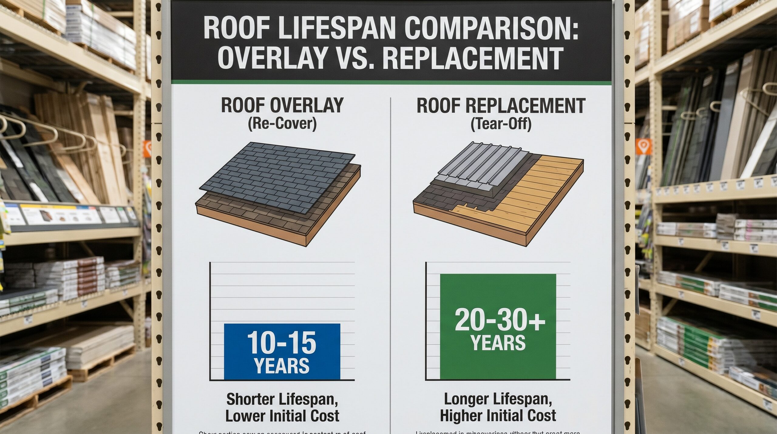 Comparison chart showing roof lifespan differences between overlay and replacement