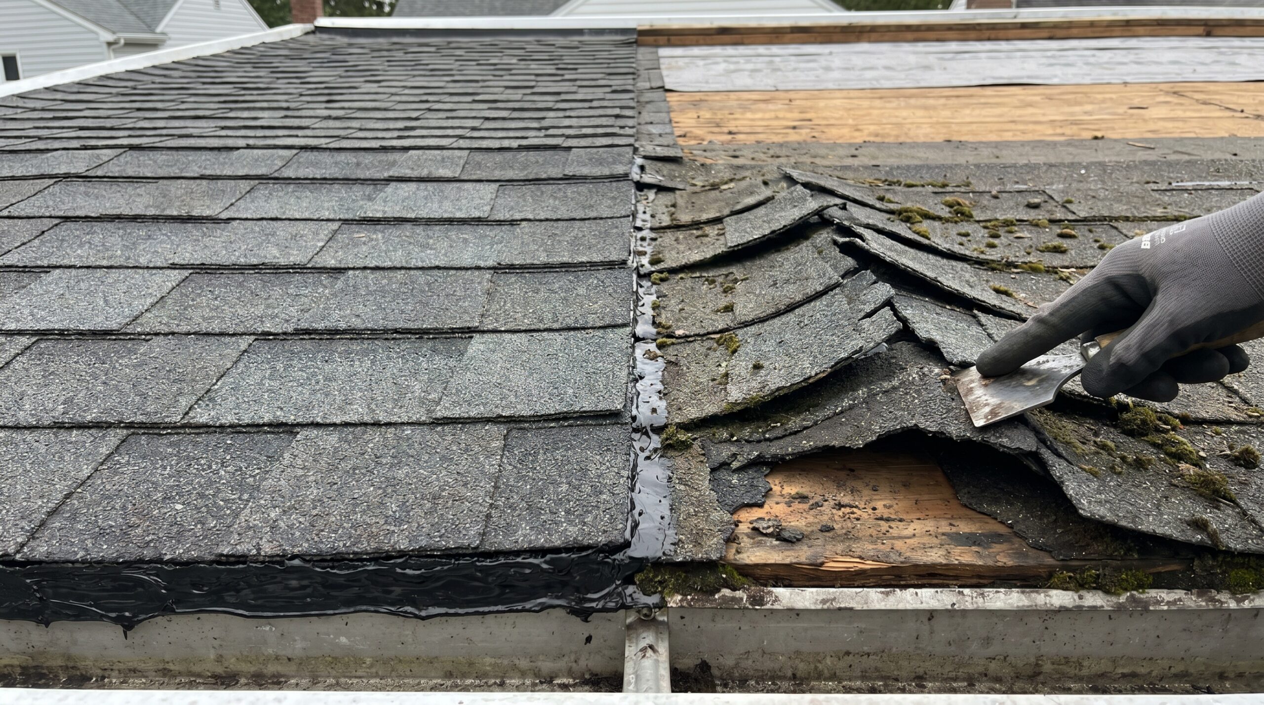 Close-up comparison of flat shingles versus lifted curled shingles at roof edge