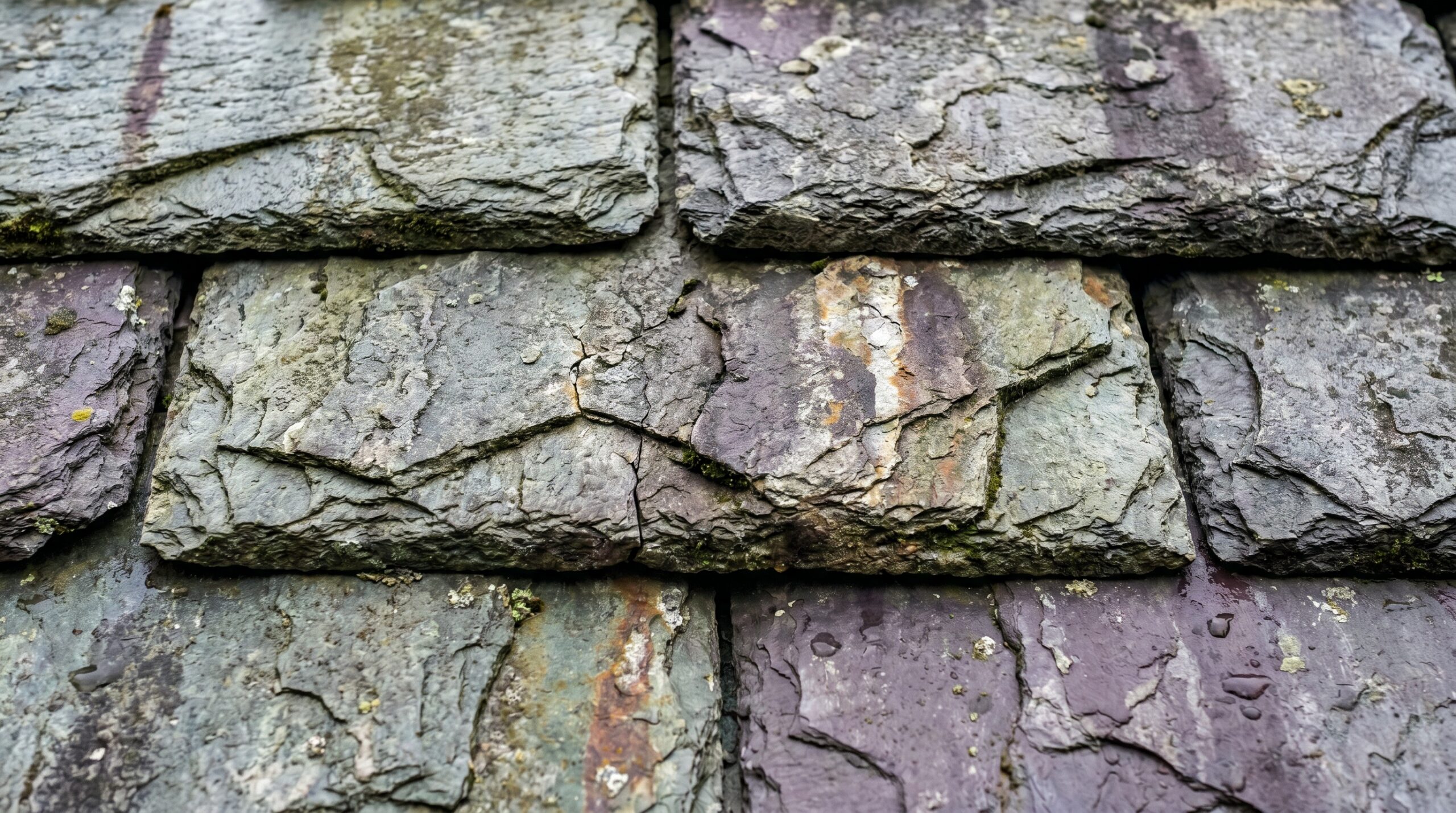 Close-up of natural slate roof tiles showing texture and durability