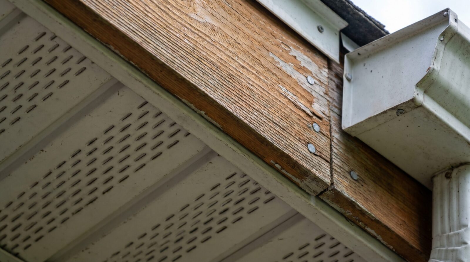 Close-up photo of soffit and fascia connection showing components