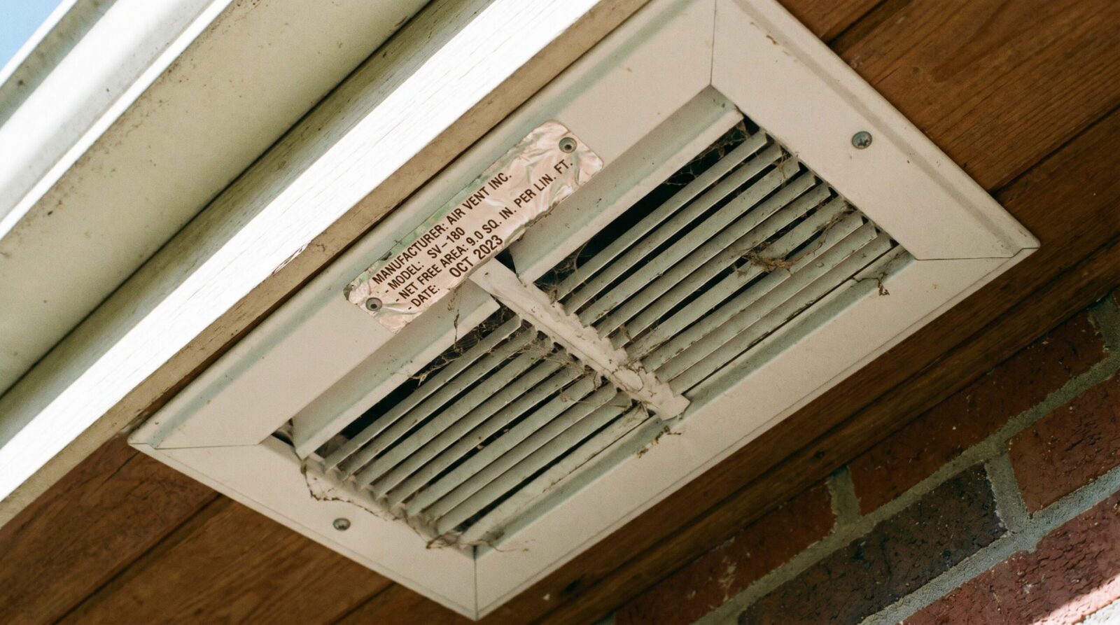 Close-up photo of a soffit vent showing the net free area rating label from manufacturer