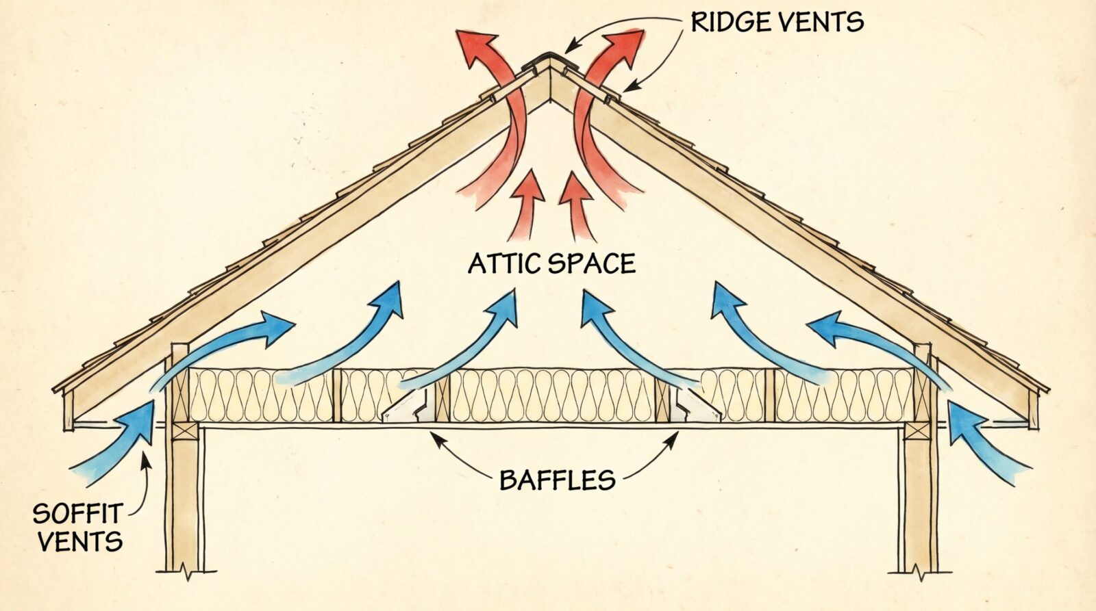Diagram showing airflow through soffit vents and attic space