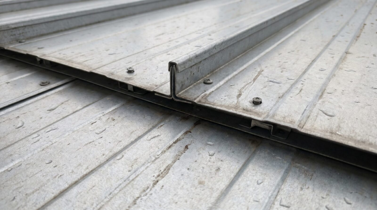 close-up view of standing seam metal roof panels showing hidden fasteners and raised seams