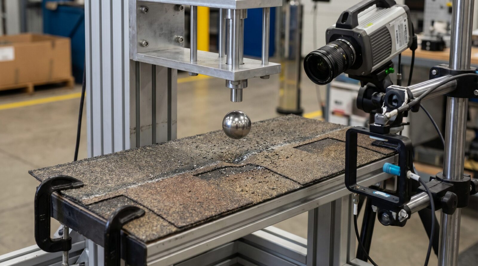 steel ball impact testing on shingles