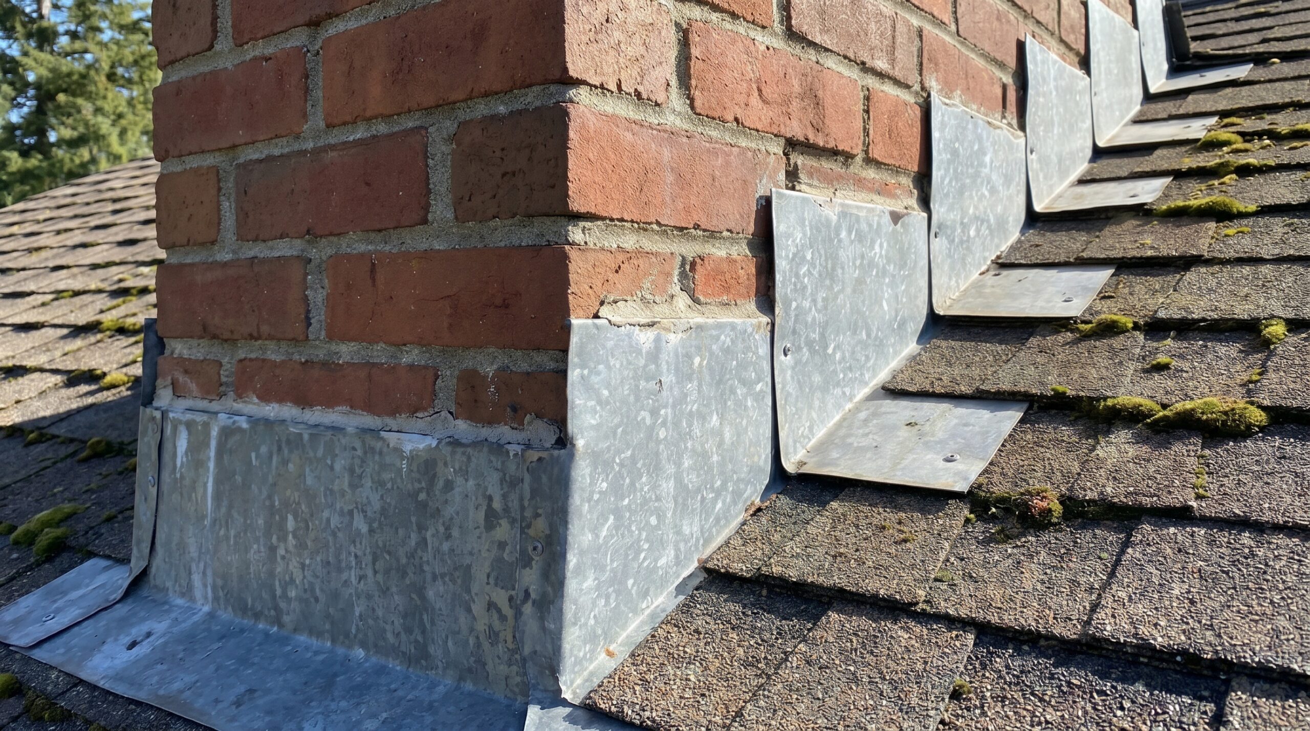 Close-up photo showing properly installed step flashing along the side of a chimney with shingles