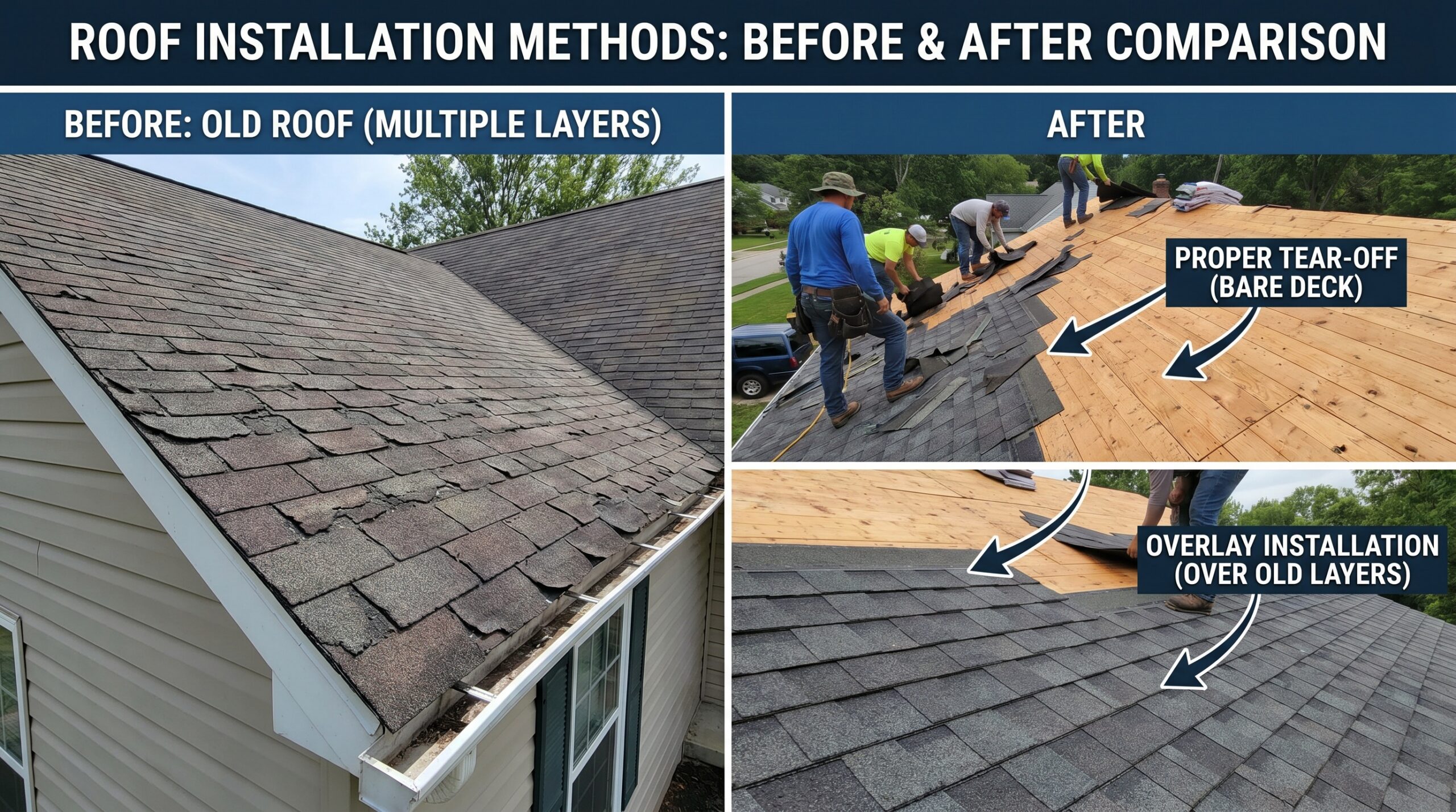 Before and after comparison showing proper tear-off versus overlay installation methods