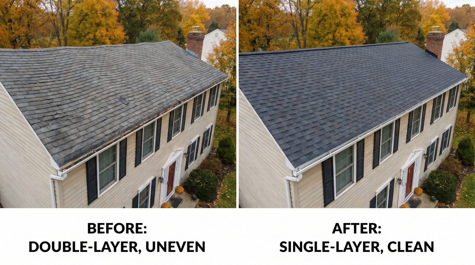Before and after comparison showing a clean single-layer roof installation versus a wavy, uneven double-layer appearance