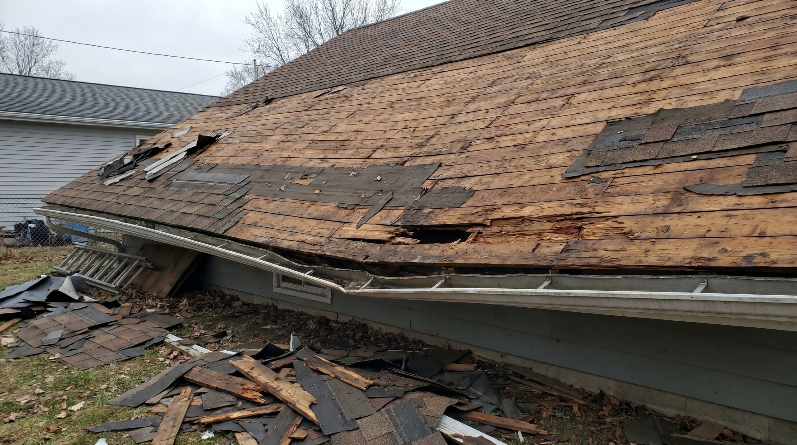 Photo showing sagging roof line and damaged decking after removal of multiple shingle layers