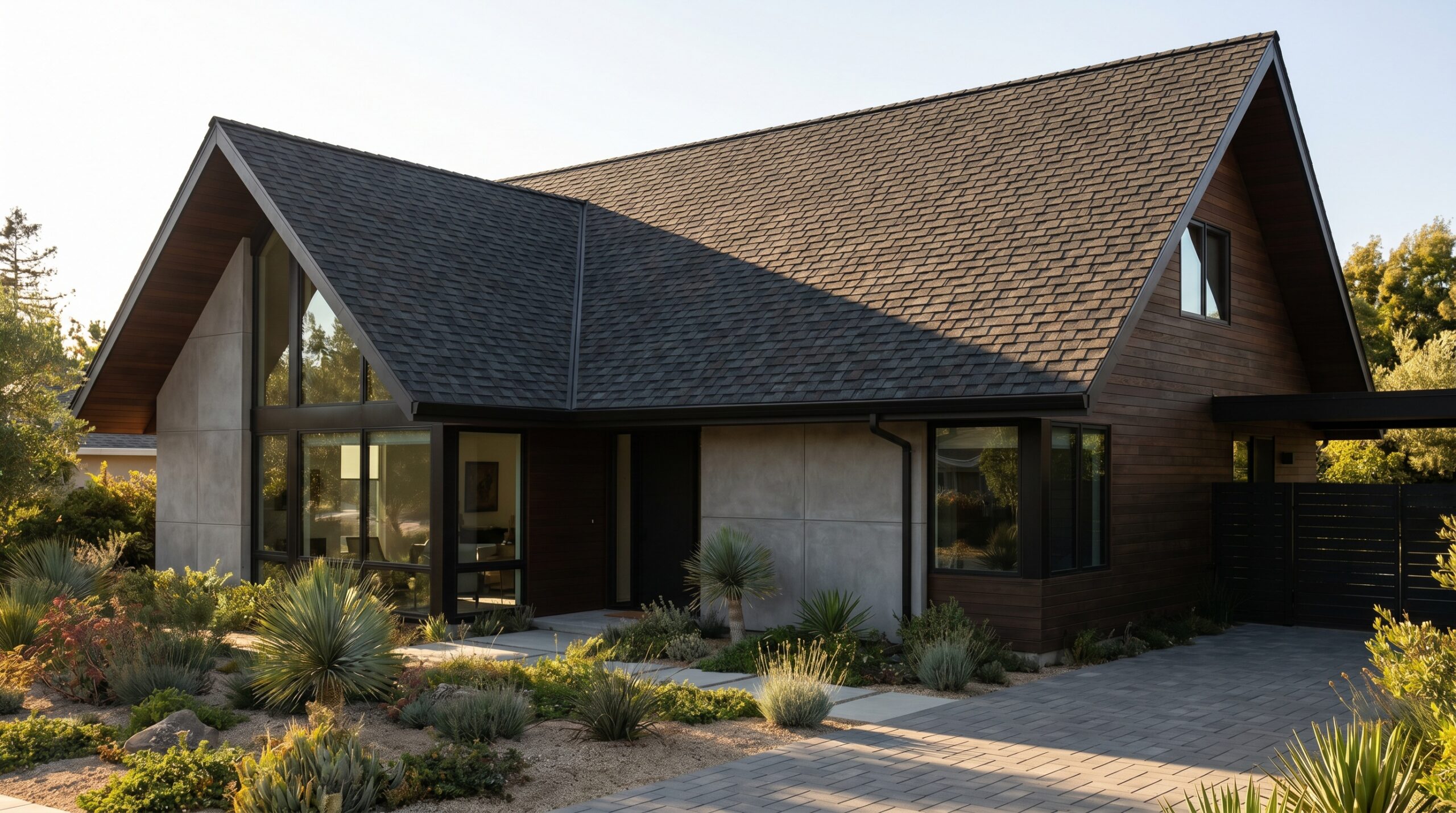 Modern home with architectural shingles showing dimensional texture and shadow lines