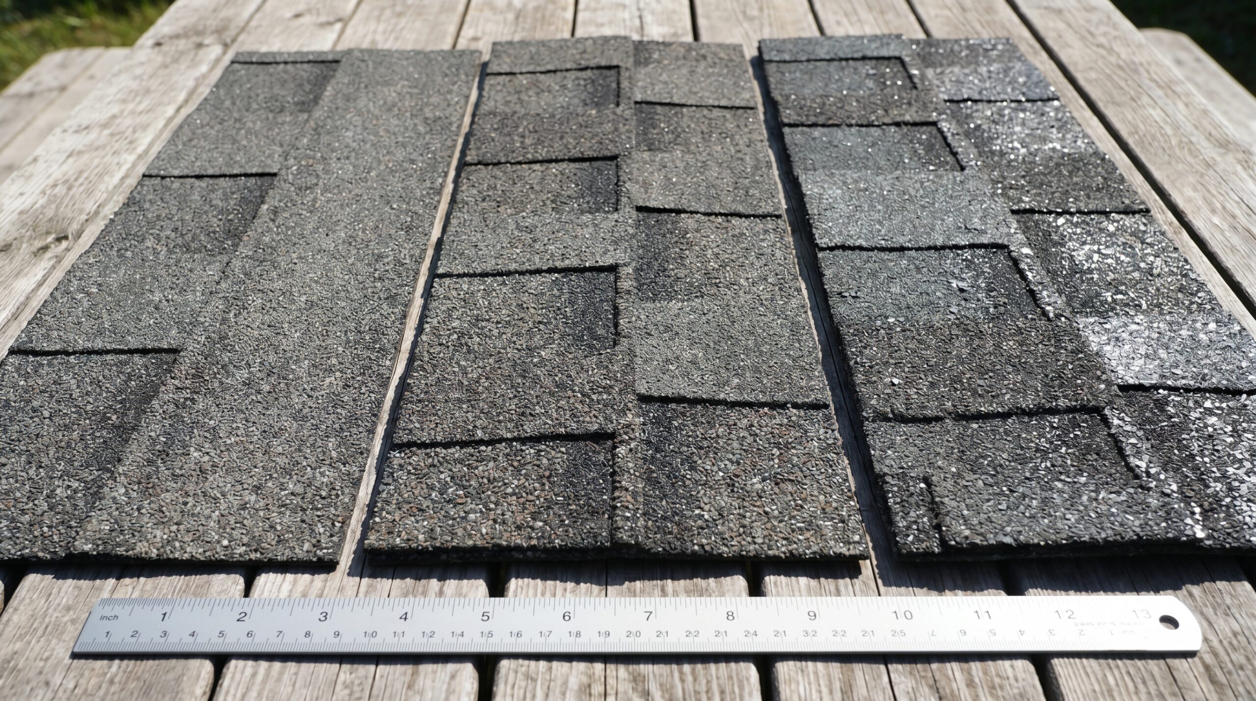 Close up comparison of three tab architectural and luxury asphalt shingles showing texture differences