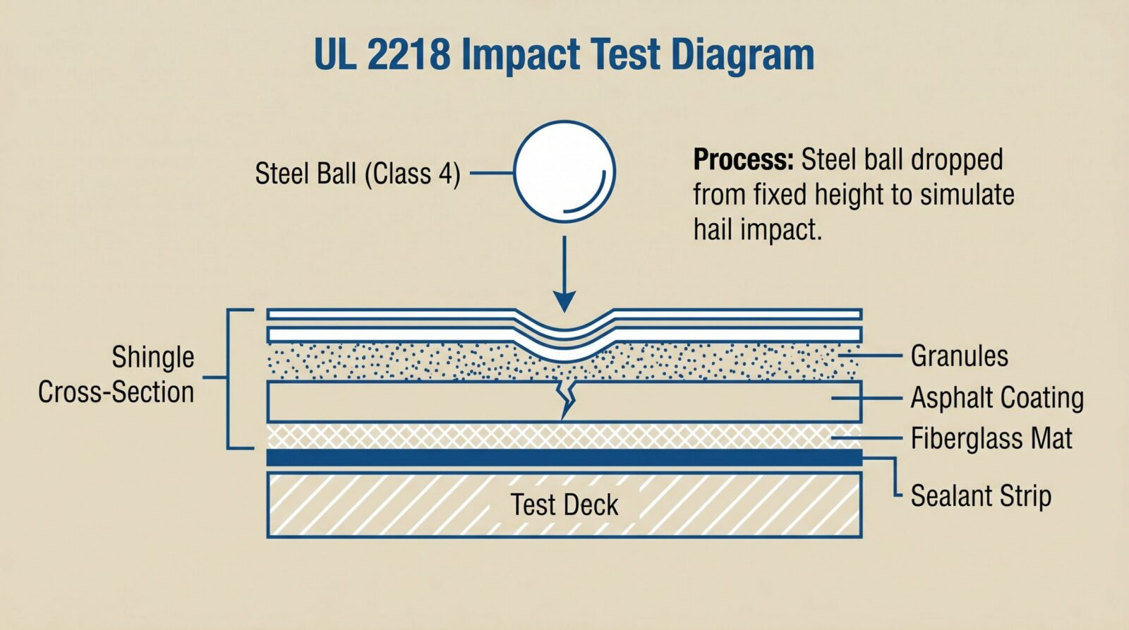 Diagram showing UL 2218 testing process with steel ball and shingle cross-section