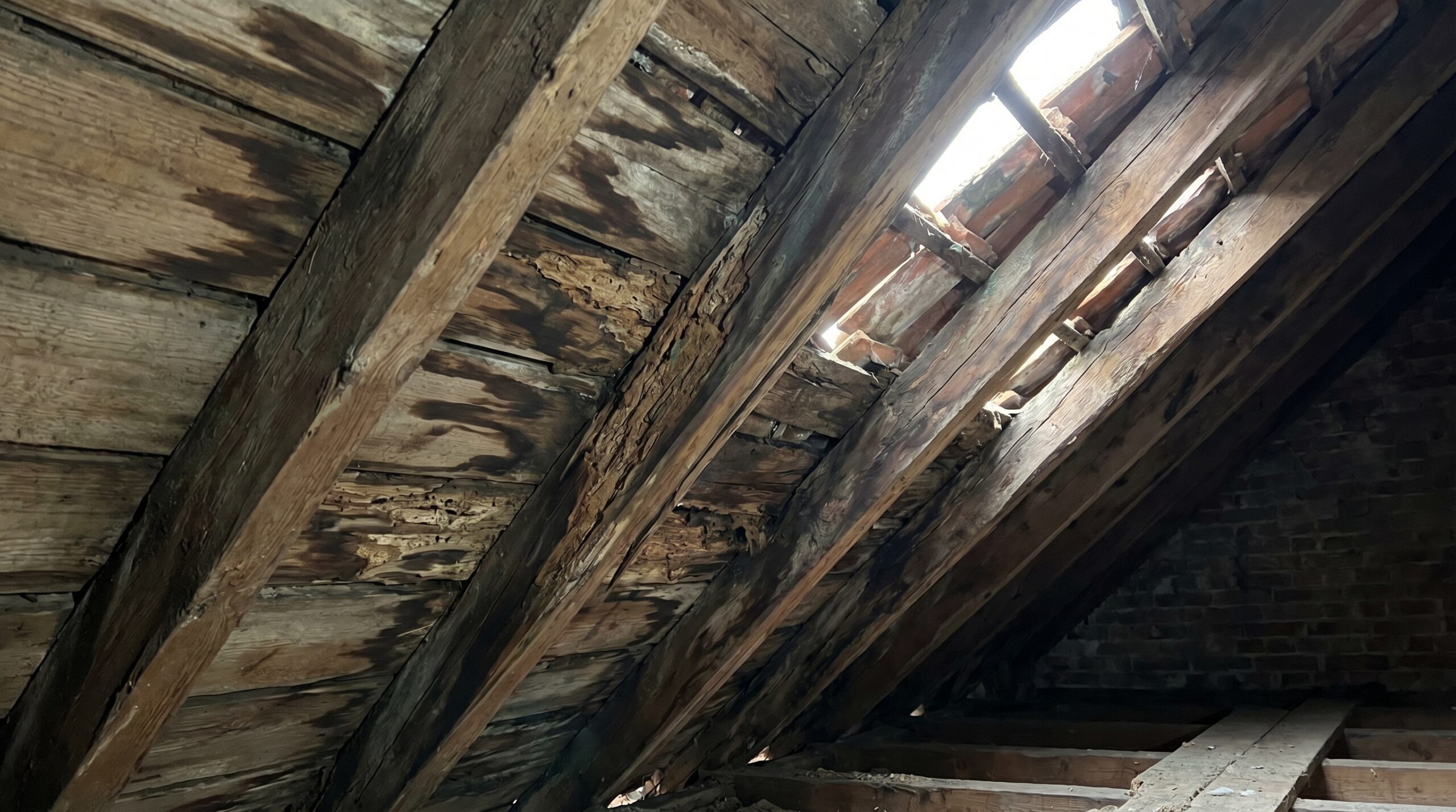 Water damaged roof rafters showing rot and structural weakness