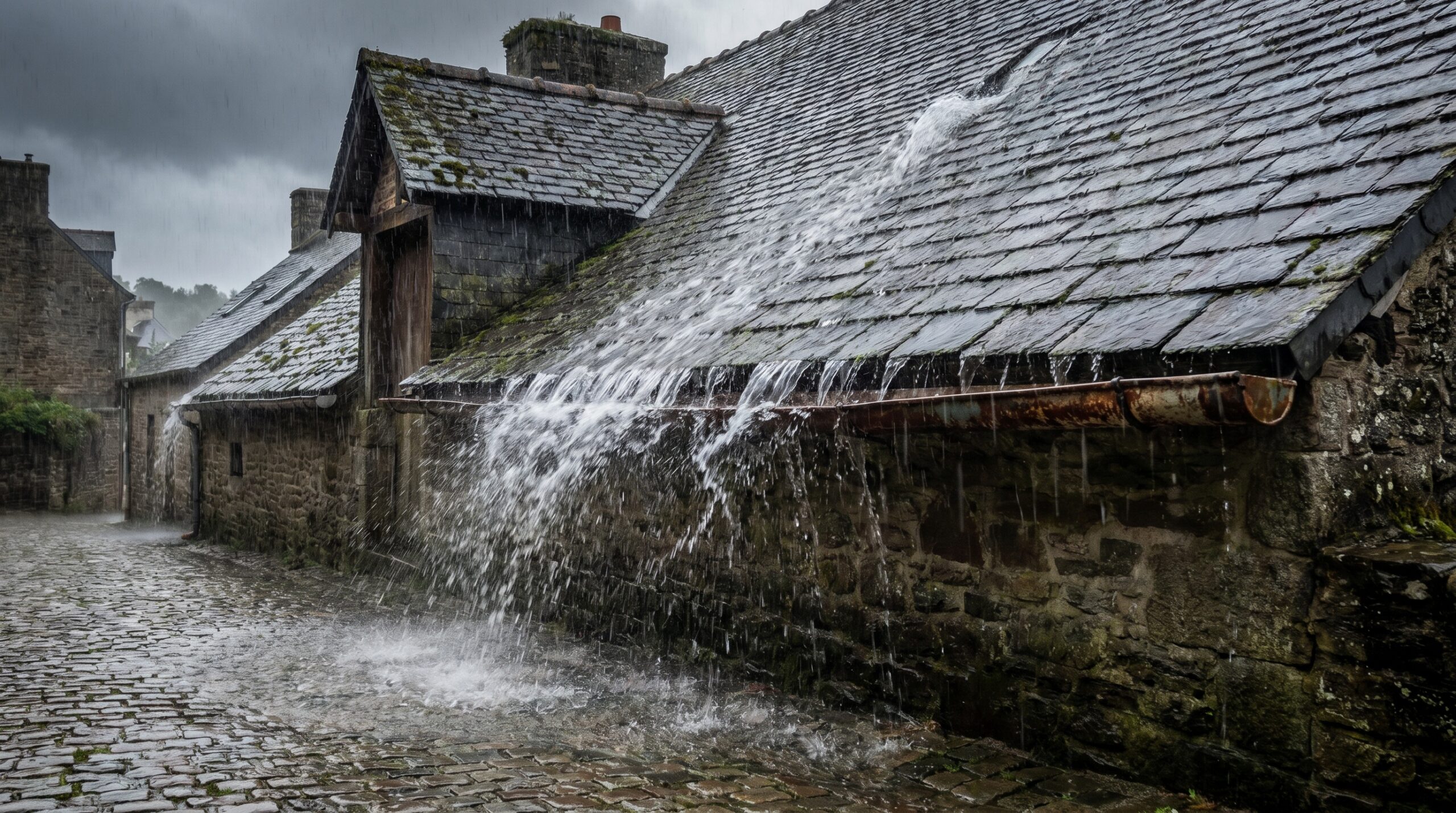 Water flowing off steep roof during rain