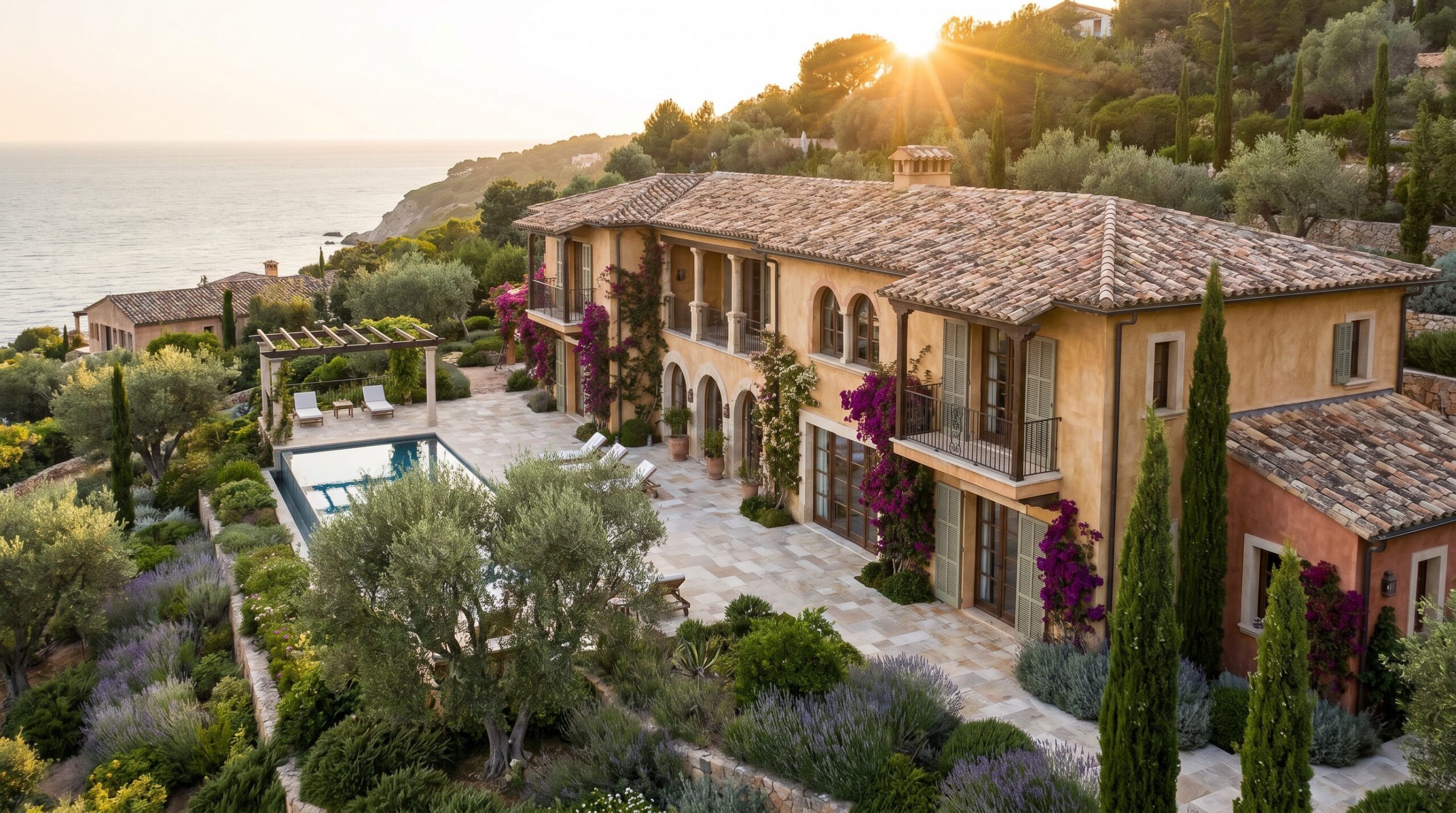 mediterranean style home with clay tile roof in warm climate setting