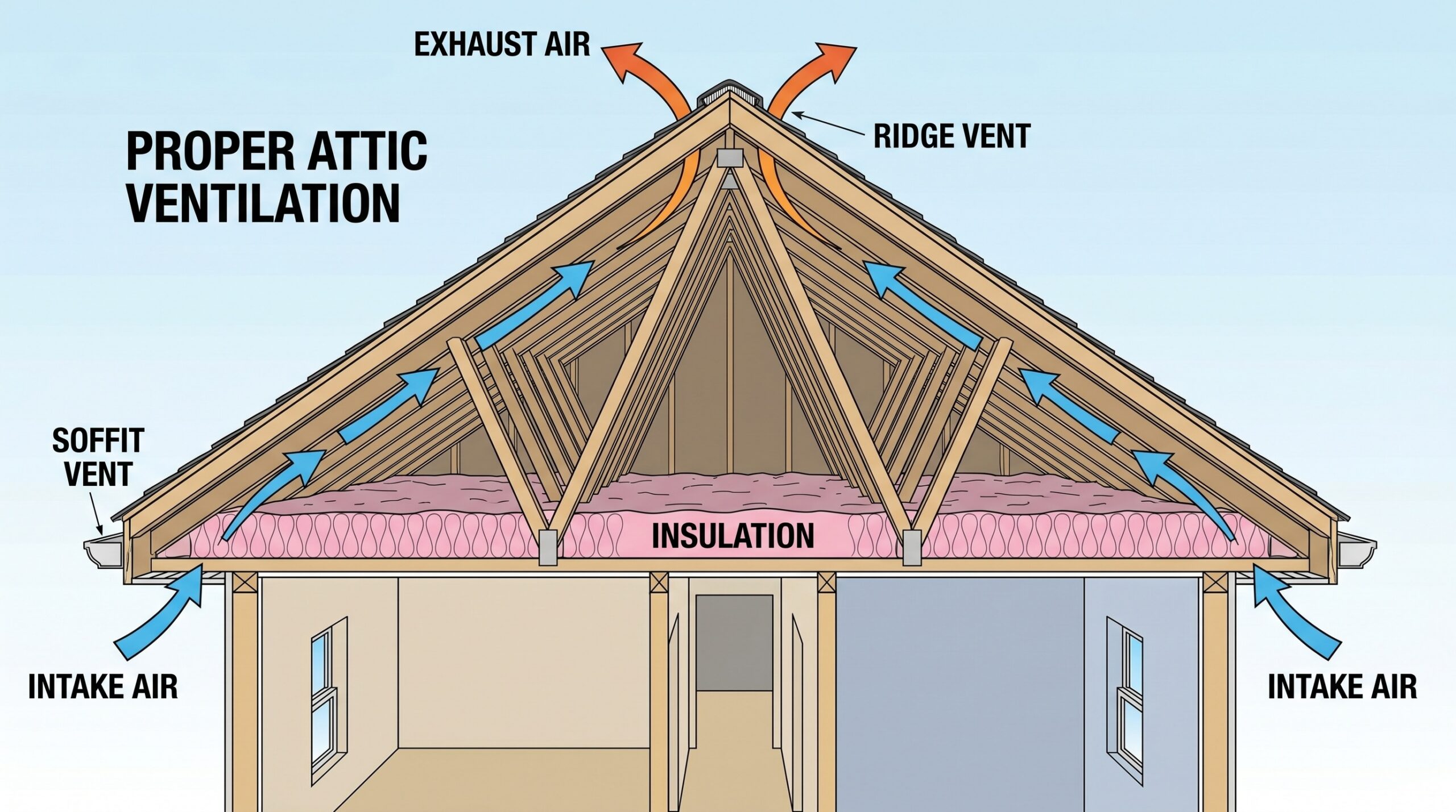 Cross-section diagram showing proper airflow from soffit intake through attic to ridge exhaust