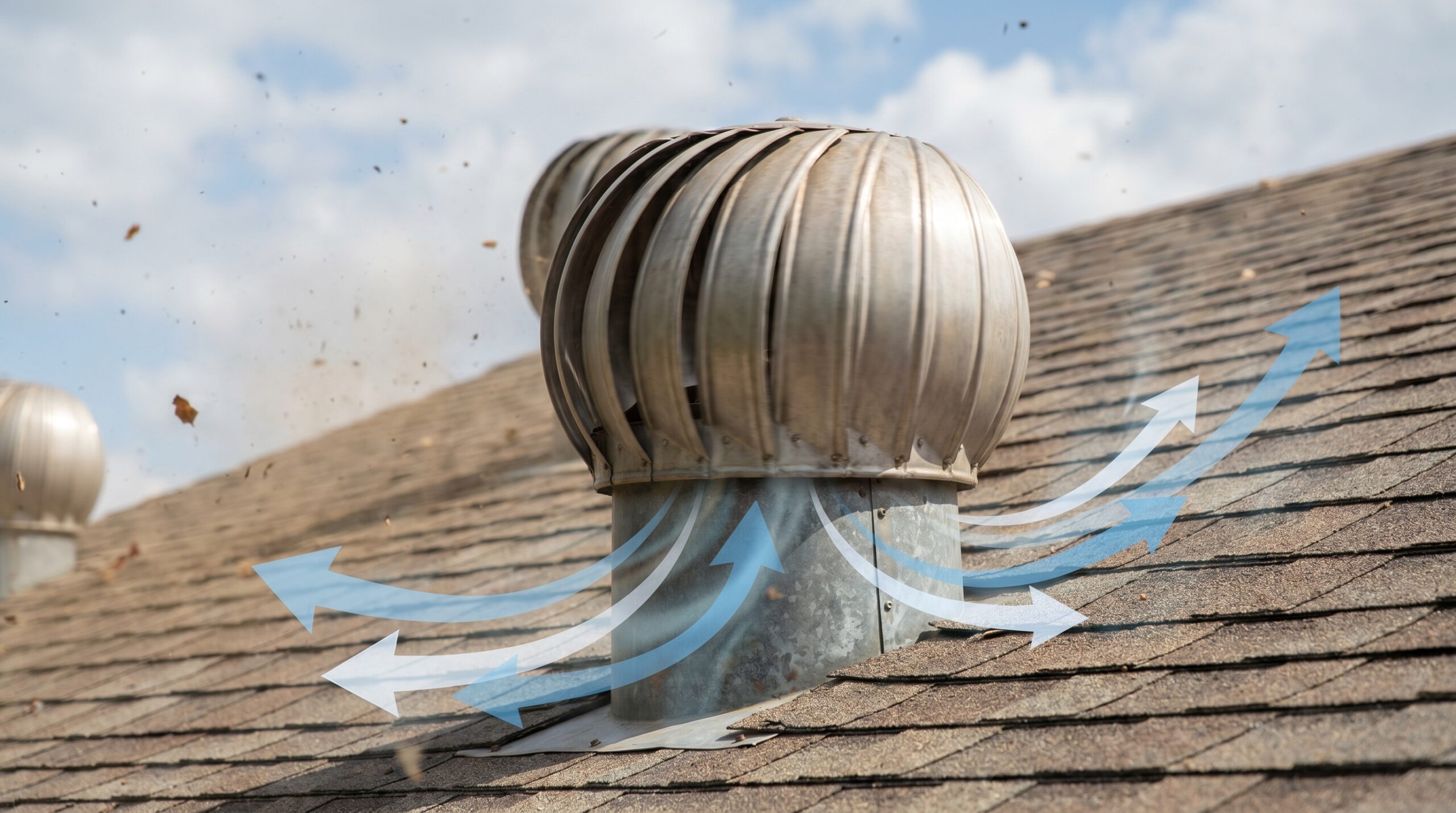 Spinning turbine vent on roof showing wind movement and airflow arrows