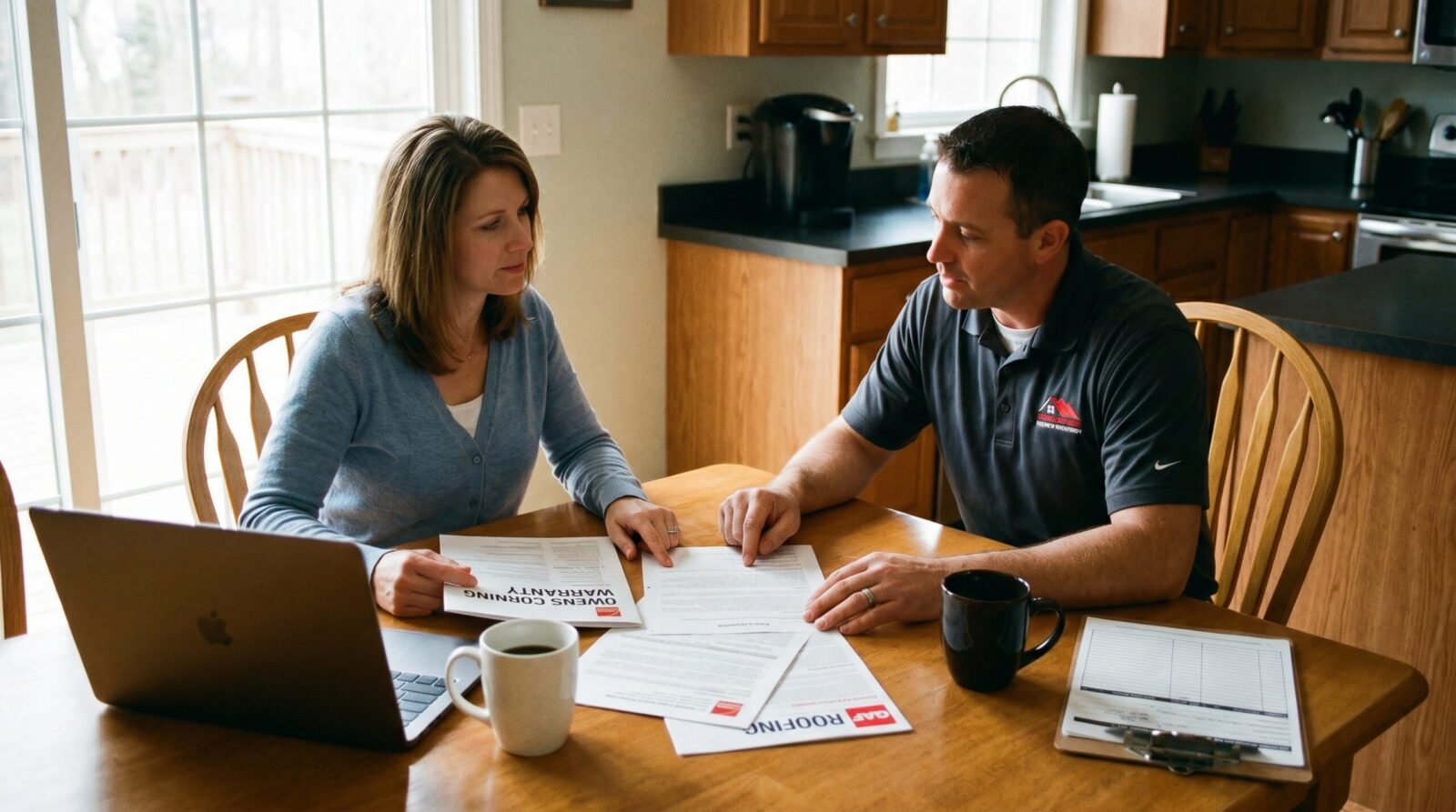 homeowner reviewing warranty documents with roofing contractor at kitchen table