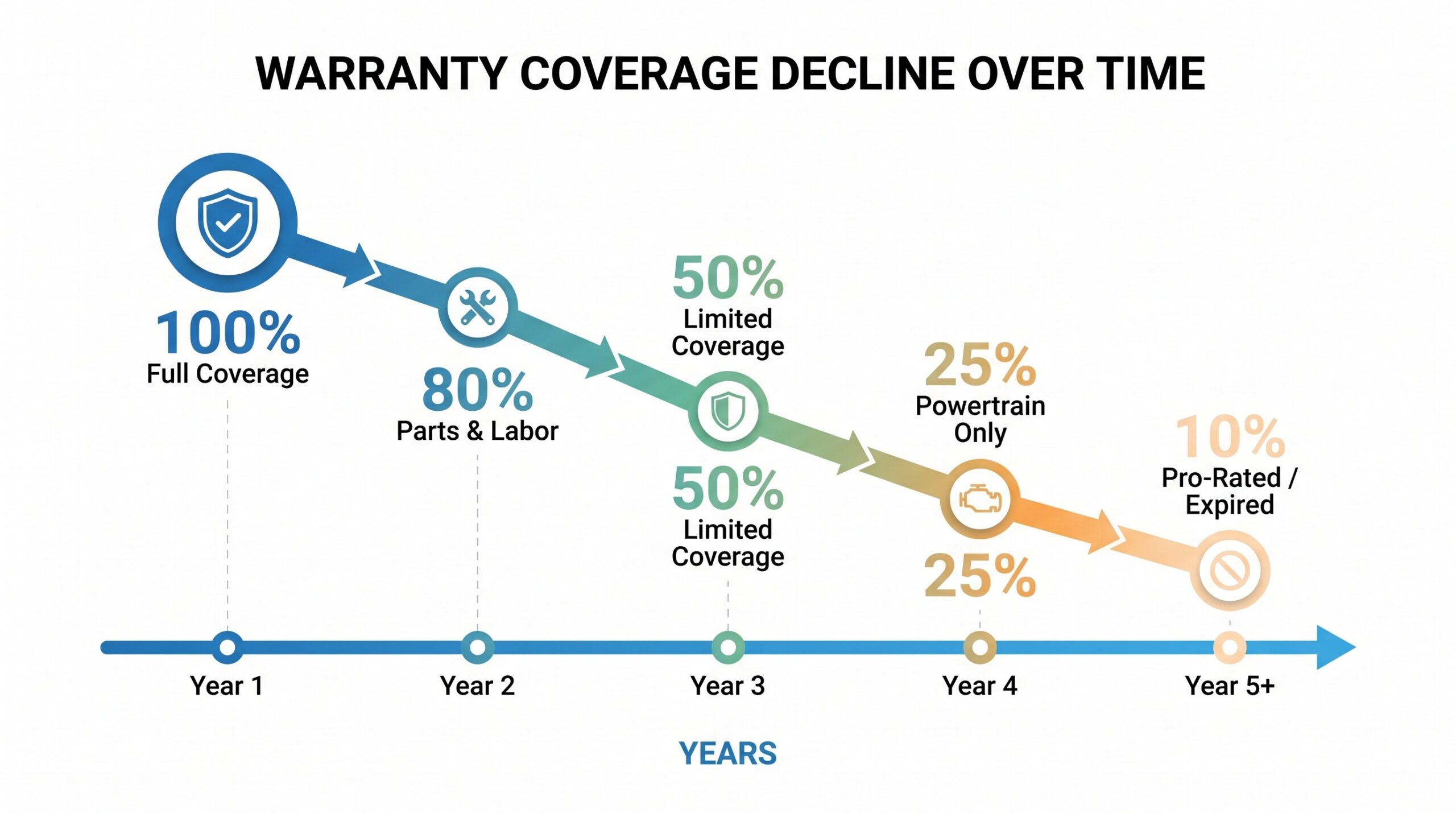 timeline graphic showing warranty coverage declining from 100% to lower percentages over years