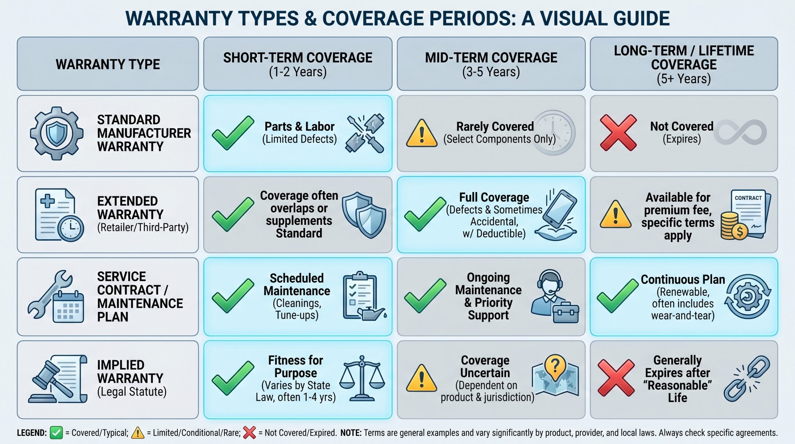 comparison chart showing different warranty types and coverage periods