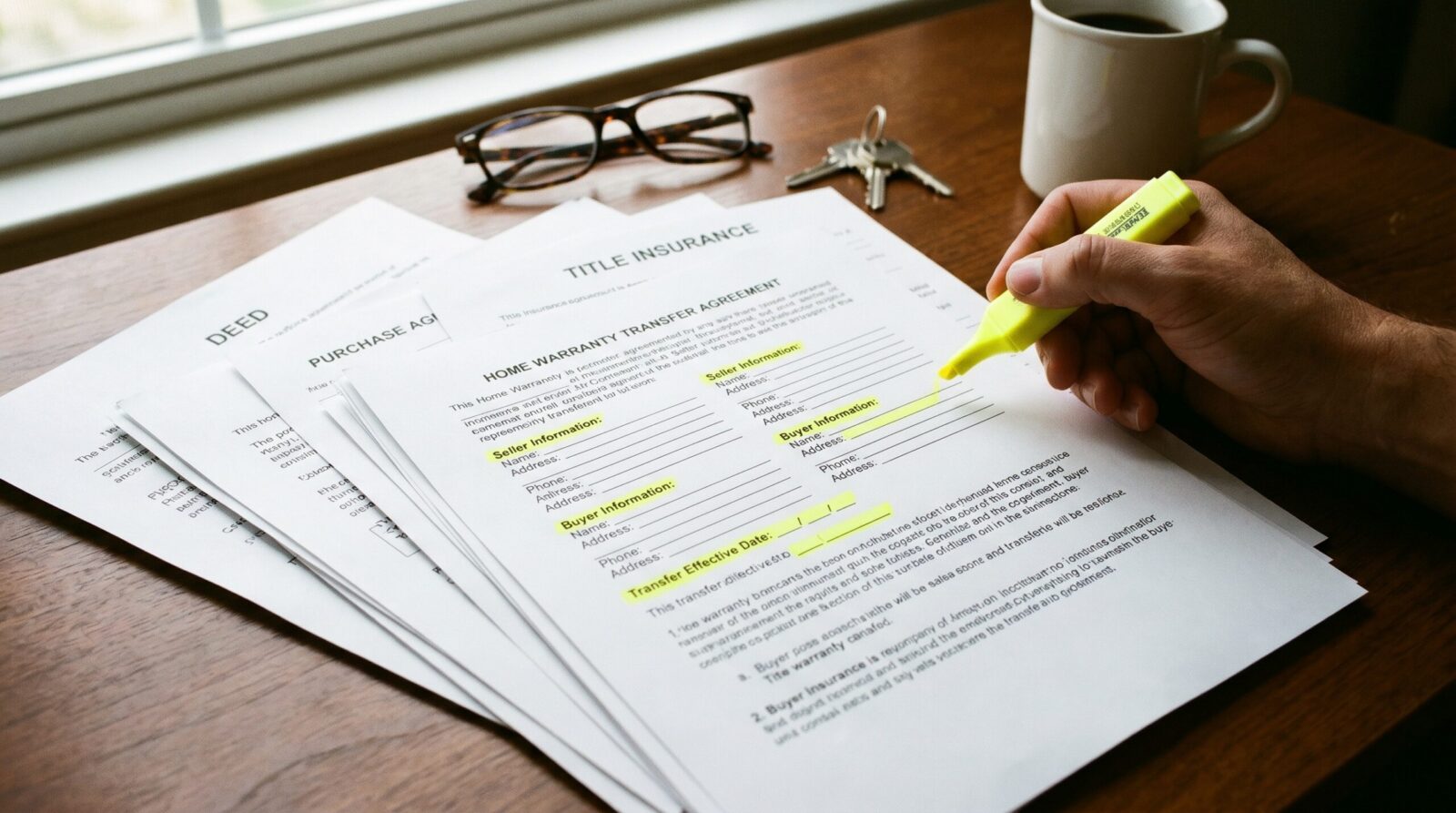 home sale documents with warranty transfer paperwork highlighted