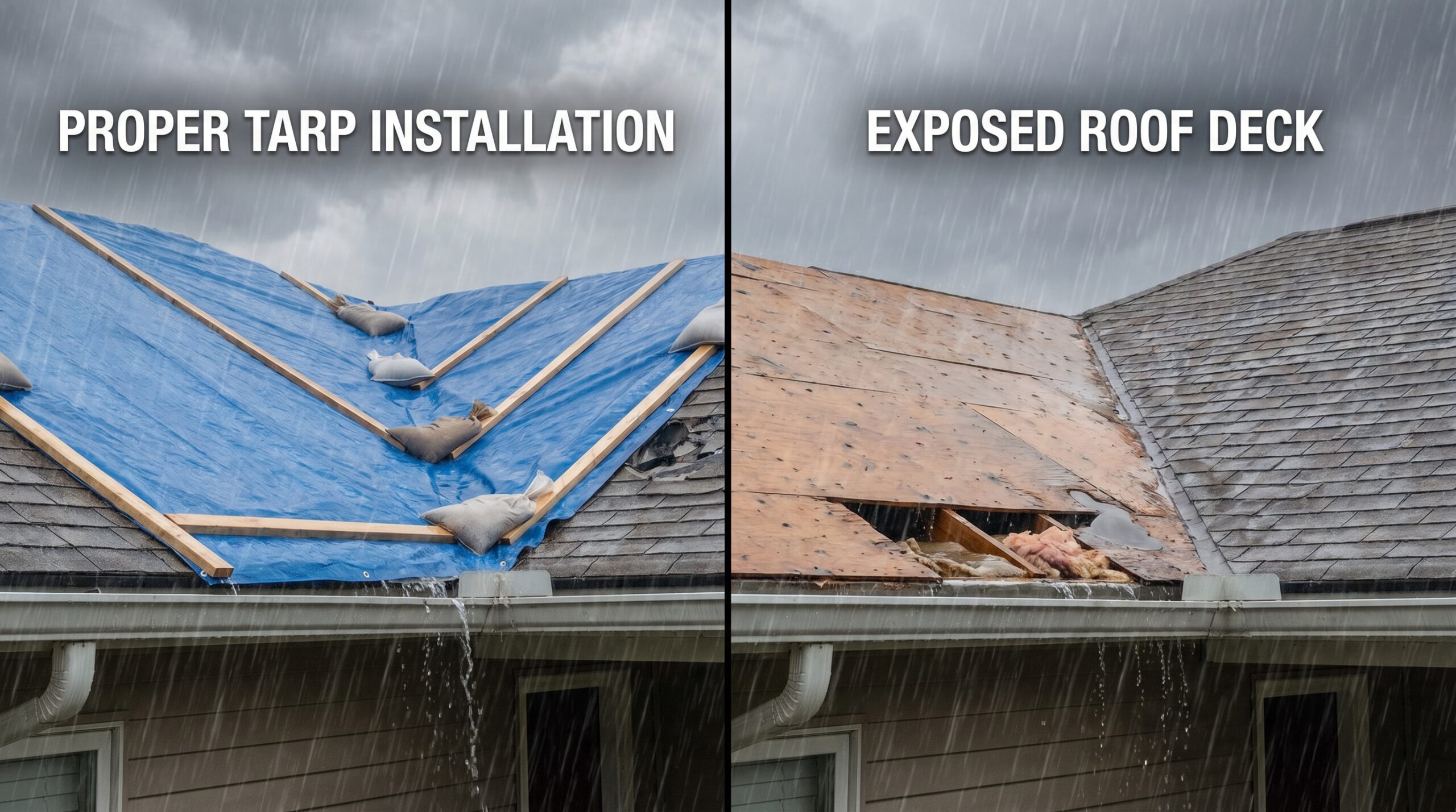 comparison showing proper tarp installation versus exposed roof deck during rain