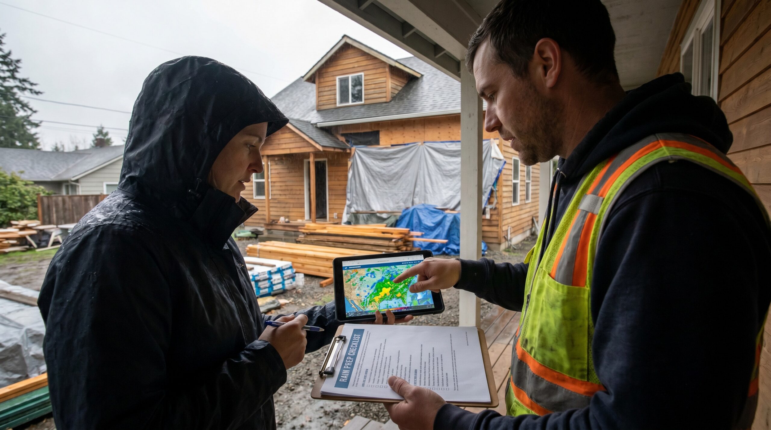 homeowner and contractor reviewing weather forecast and rain preparation checklist