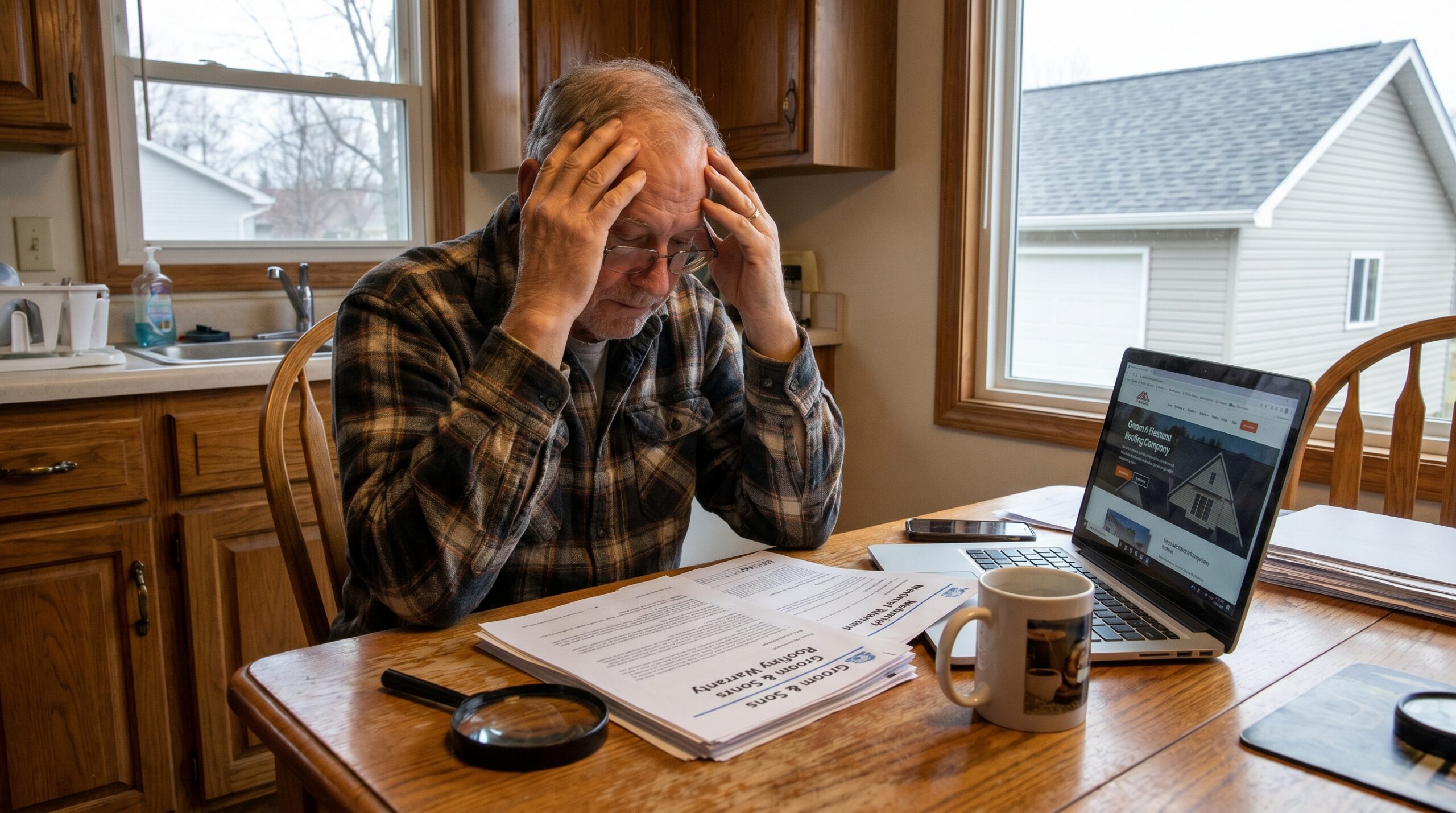 Homeowner reviewing roofing warranty documents