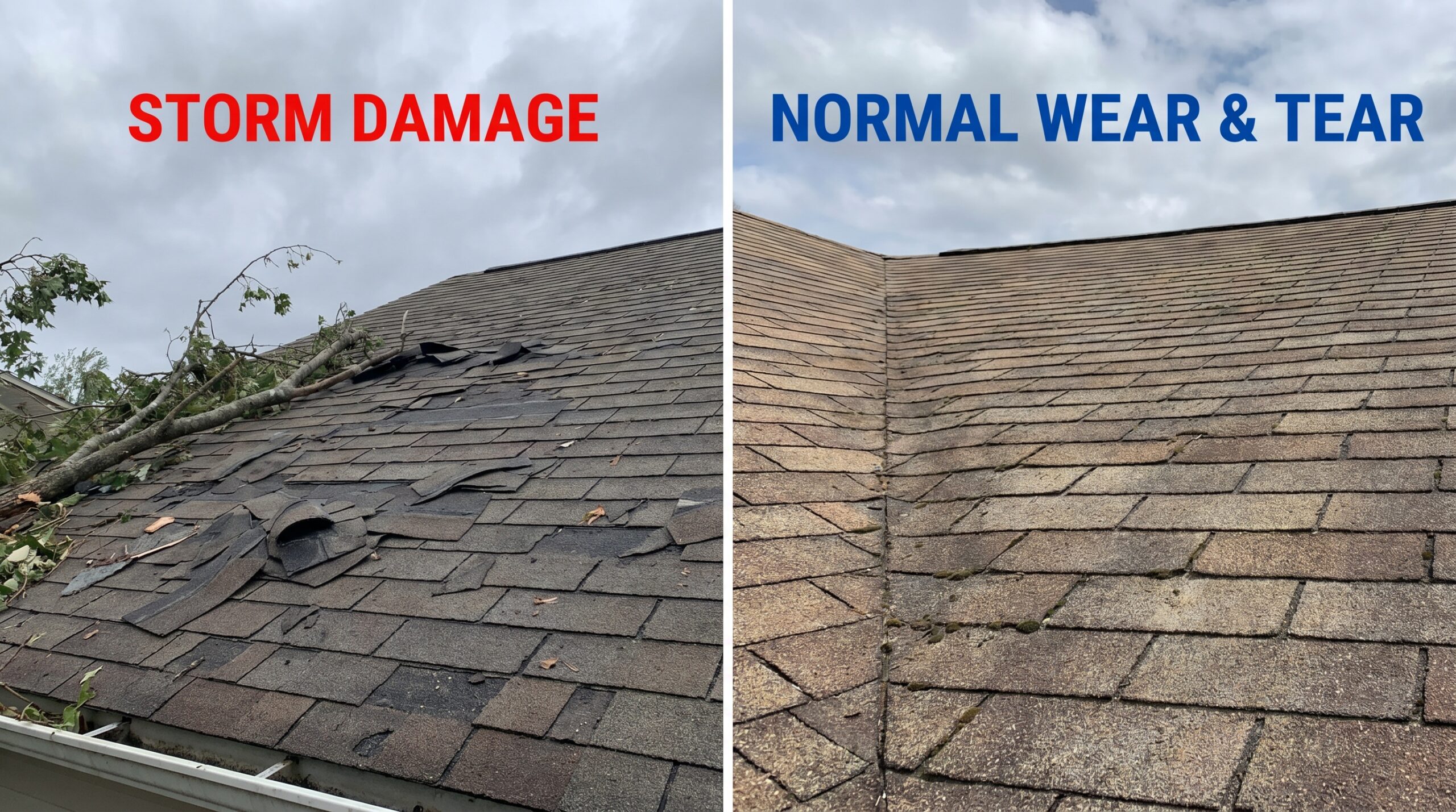 side-by-side comparison showing storm-damaged roof versus normal wear and tear