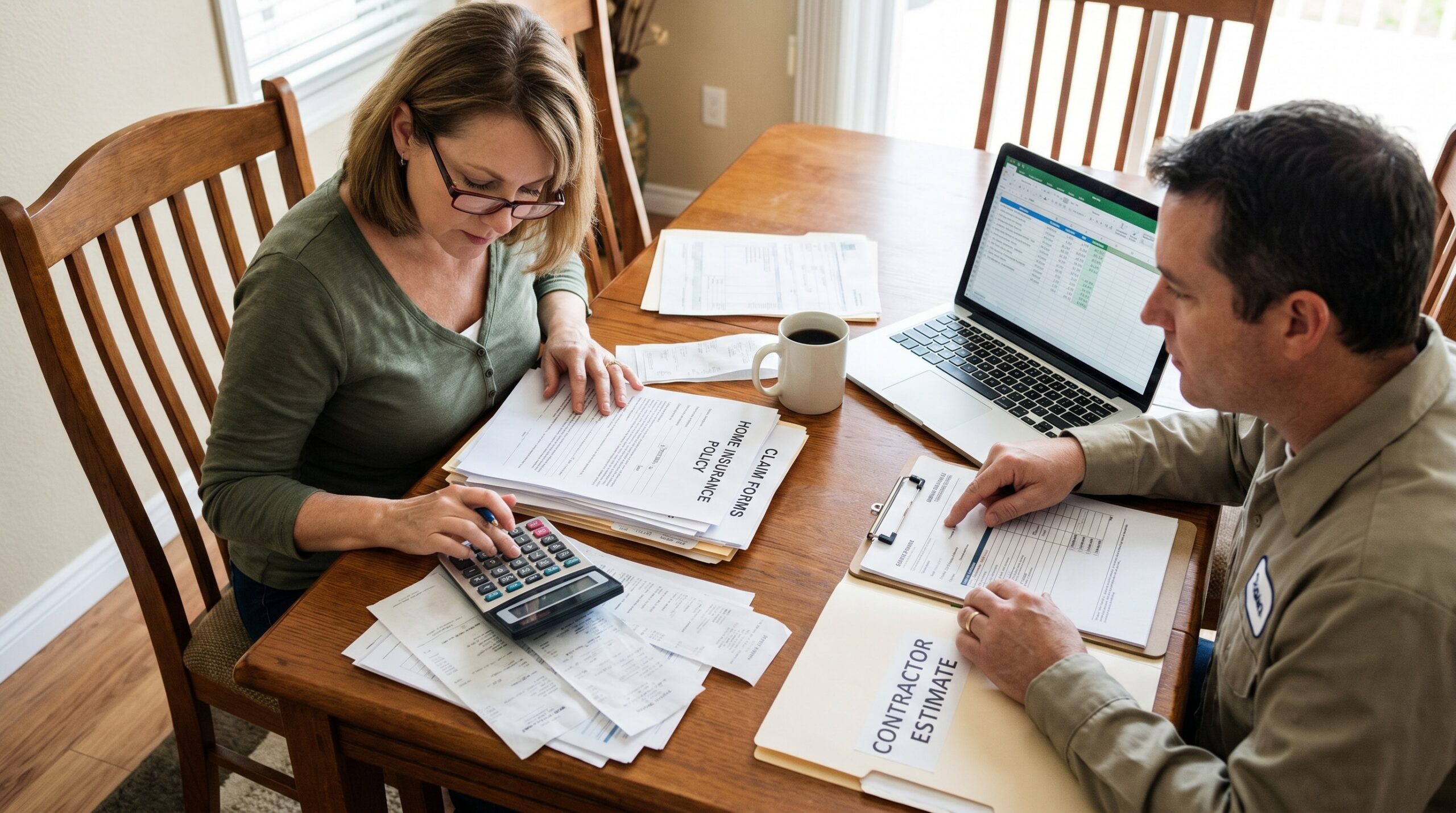 homeowner reviewing insurance documents with calculator and contractor estimate