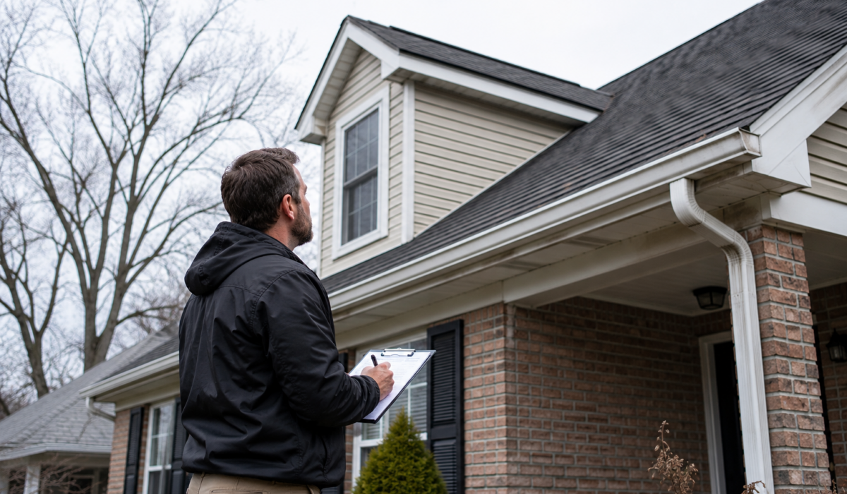 Visualization of roofer assessing roof