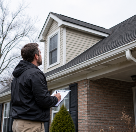 Visualization of roofer assessing roof