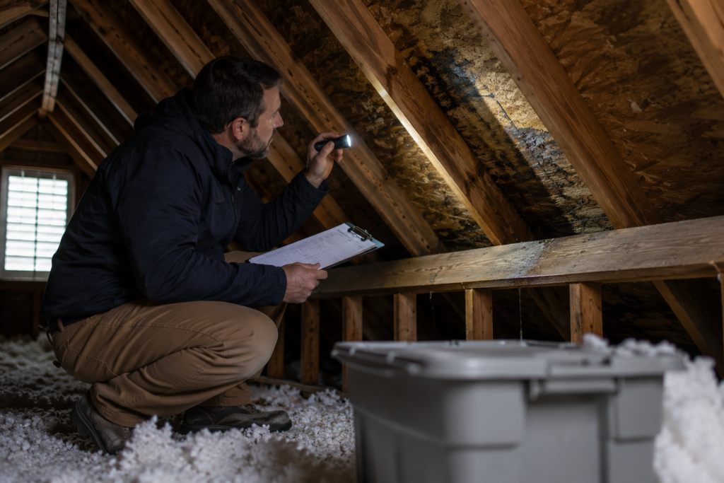 Professional contractor inspecting roof leak from the interior 