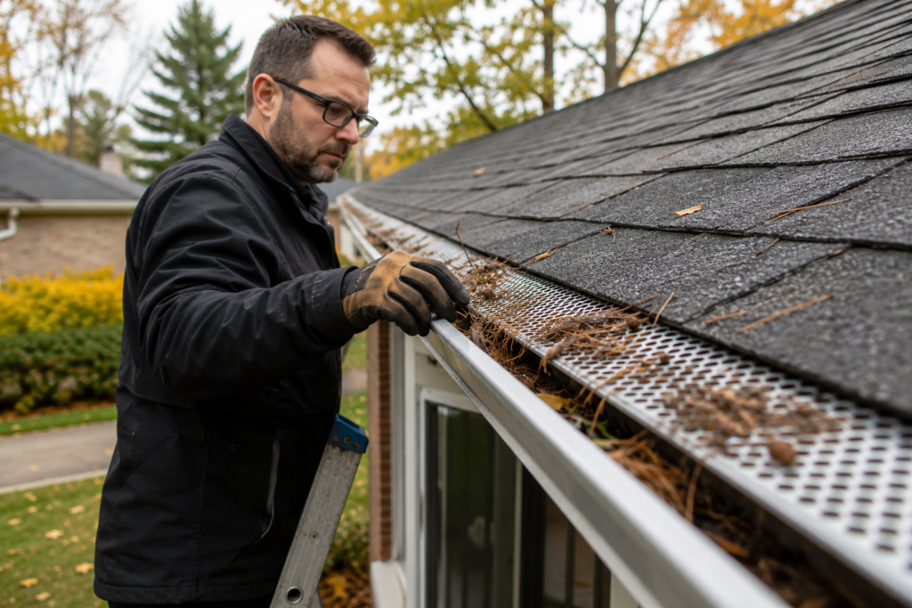 Visualization of homeowner cleaning gutter